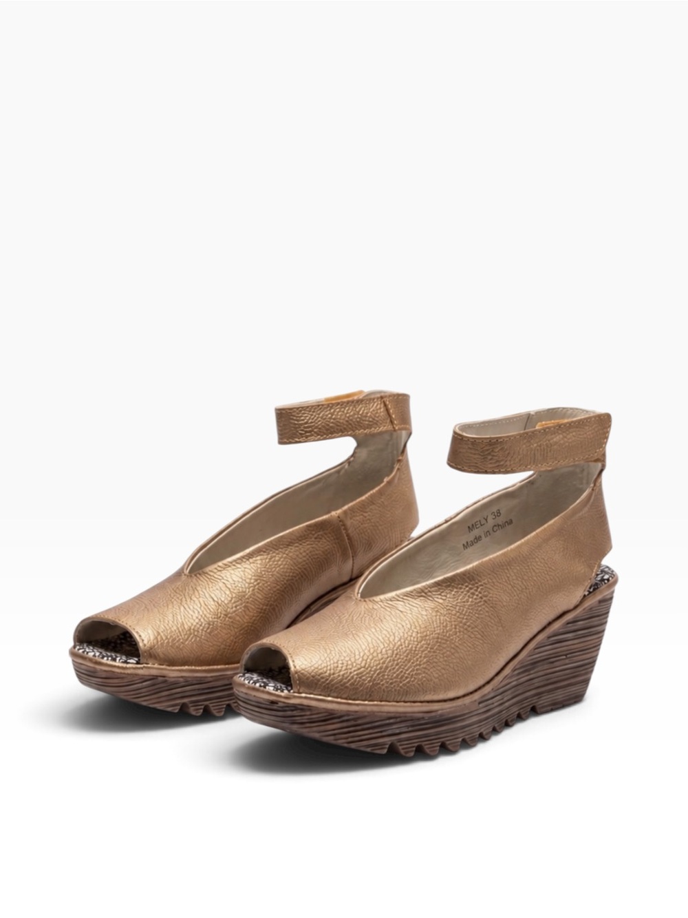 Bernie Mev Mely Gold Metallic Bronze Wedge Sandals Ankle Strap New EU 38 US 7